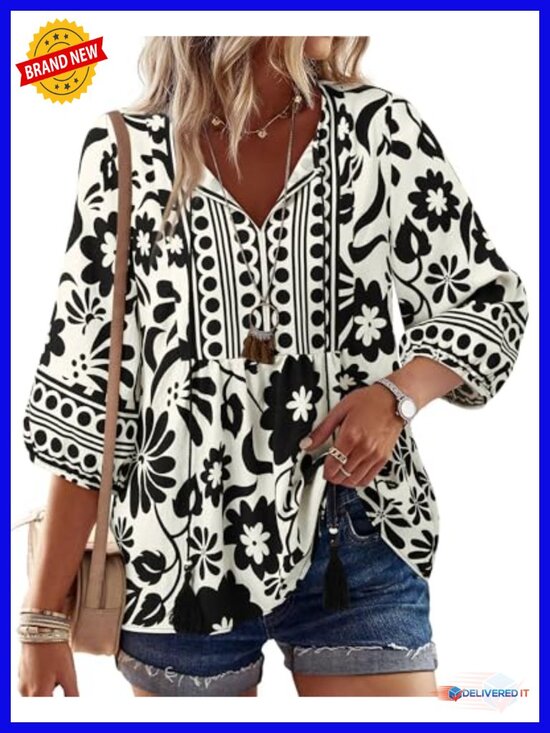 Tops - Boho Floral Babydoll Tunic Blouse 3/4 Lantern Sleeve Peplum Tie Front